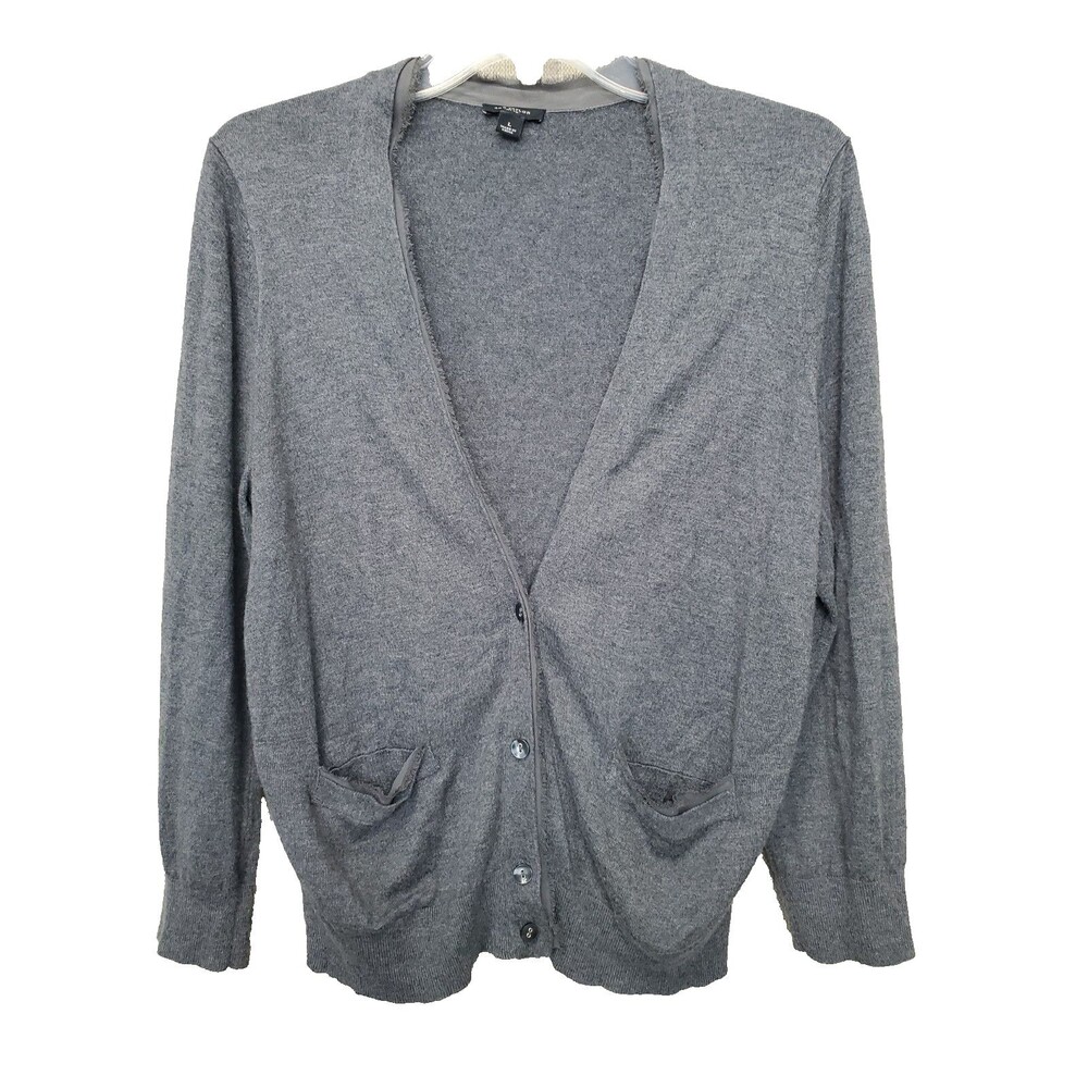 Ann Taylor Gray Cashmere Blend Frayed Trim Button-Up Cardigan w/Pockets Size L